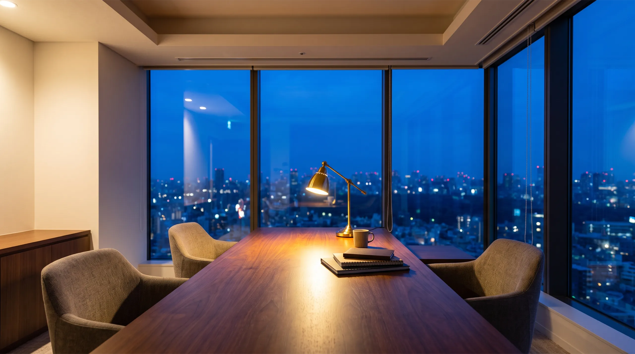 Sala de reuniones con mesa de madera y ventanales sobre la ciudad al anochecer